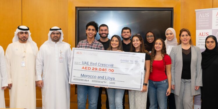 بالتعاون والتنسيق مع الهلال الأحمر الإماراتي… طلبة الجامعة الأميركية في الشارقة جمعوا تبرعات مساعدة لضحايا الزلازل والفيضانات في المغرب وليبيا…