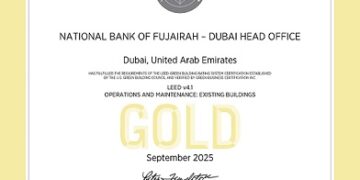 في إطار تقييم المباني الخضراء مقرّ بنك الفجيرة الوطني-دبي يفوز بشهادة LEED الذهبية…