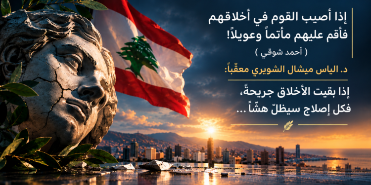 "إذا أصيب القوم في أخلاقهمفأقم عليهم مأتماً وعويلاً!"( أحمد شوقي )د. الياس ميشال الشويري معقّباً :إذا بقيت الأخلاق جريحةً،فكل إصلاح سيظلّ هشًّا...